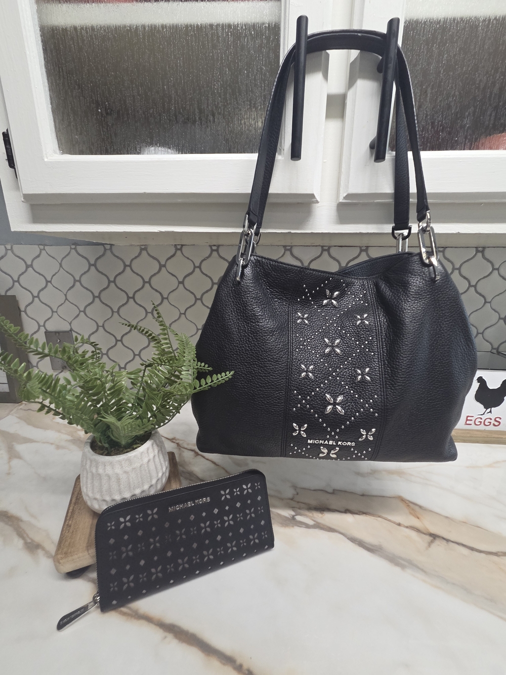 Michael Kors Stud Black/silver Leather Hobo Shoulder Bag With Matching Wallet